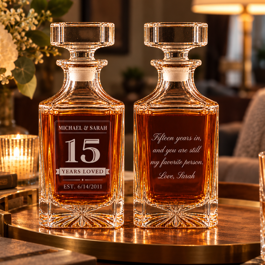 Two engraved 15 year anniversary decanters for him on a wooden tray front reading Michael and Sarah, 15, Years Loved, EST. 6/14/2011, back with a love note