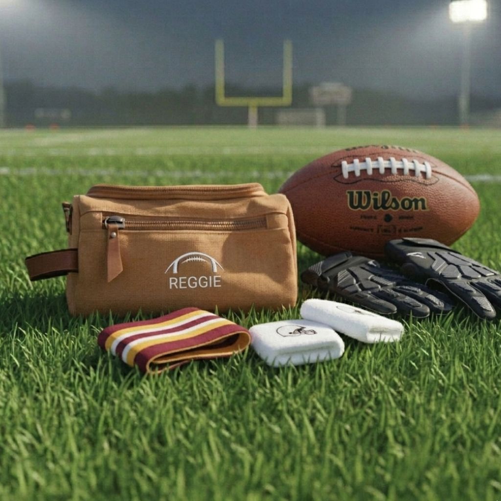 Tan washed canvas toiletry bag embroidered with sample name "REGGIE" and football motif, displayed on football field with Wilson football, black gloves, maroon and gold medal lanyard, and white headband