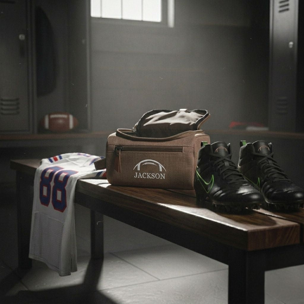 Brown washed canvas toiletry bag monogrammed with sample name "JACKSON" and football emblem, displayed on locker room bench with athletic shoes and jersey