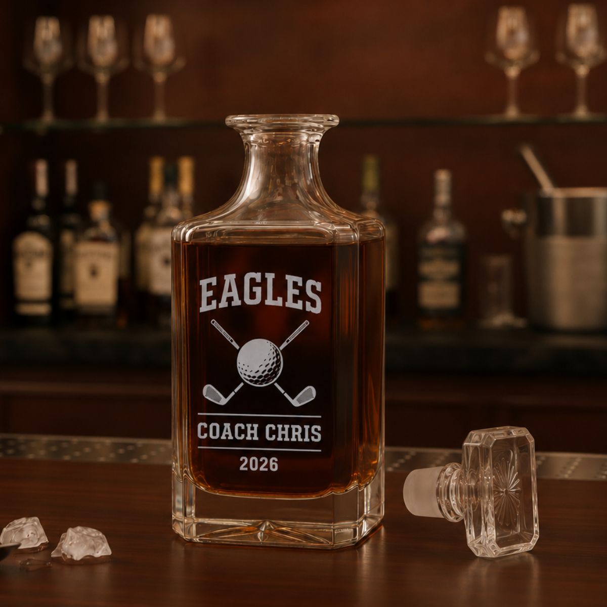 Personalized golf coach decanter engraved with team name, coach name, and year