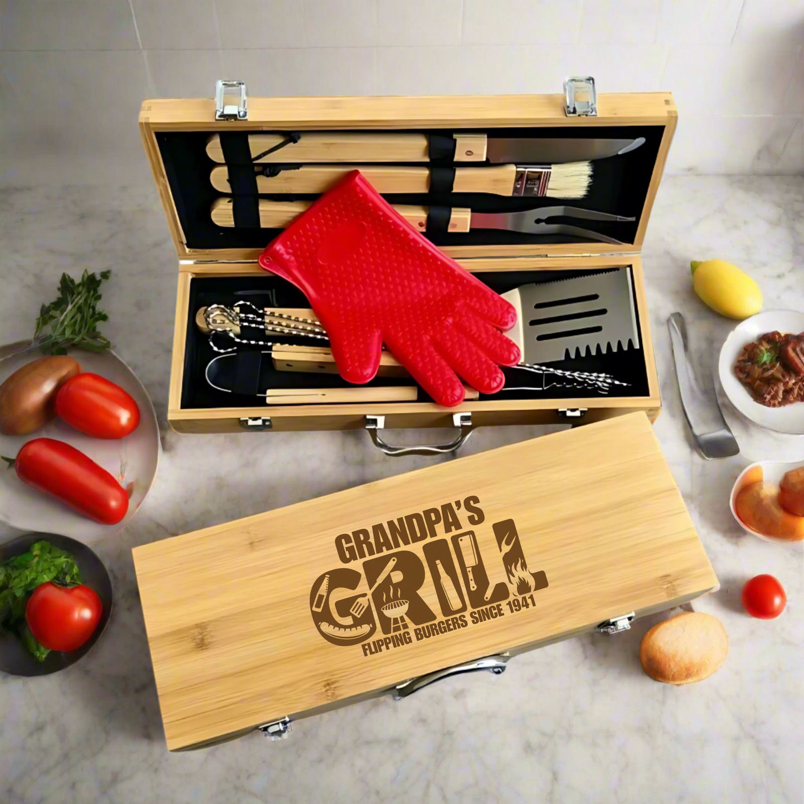 personalized grilling tool set in engraved wooden box for barbecue gifts