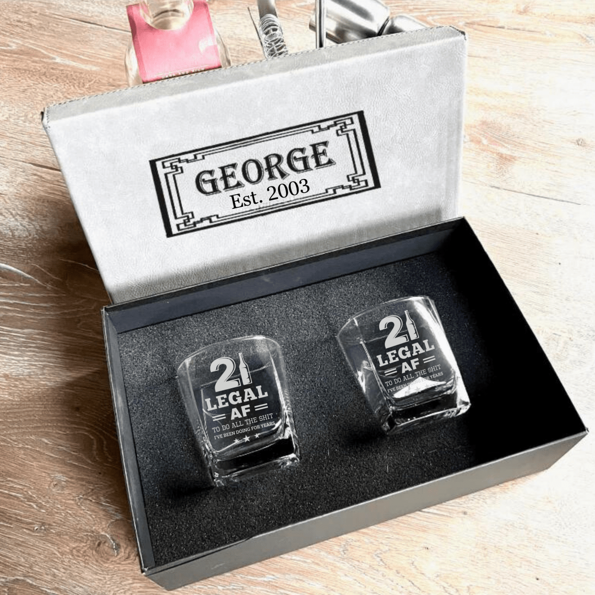 Unique Personalized Finally Legal Whiskey Box Set Customized Gift Set Gifts for Men by Groovy Guy