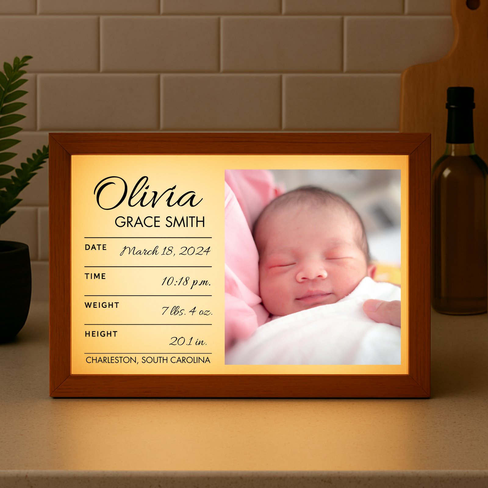 Personalized 5x7 illuminated baby birth sign with name, birth date, time, weight, height, and birthplace