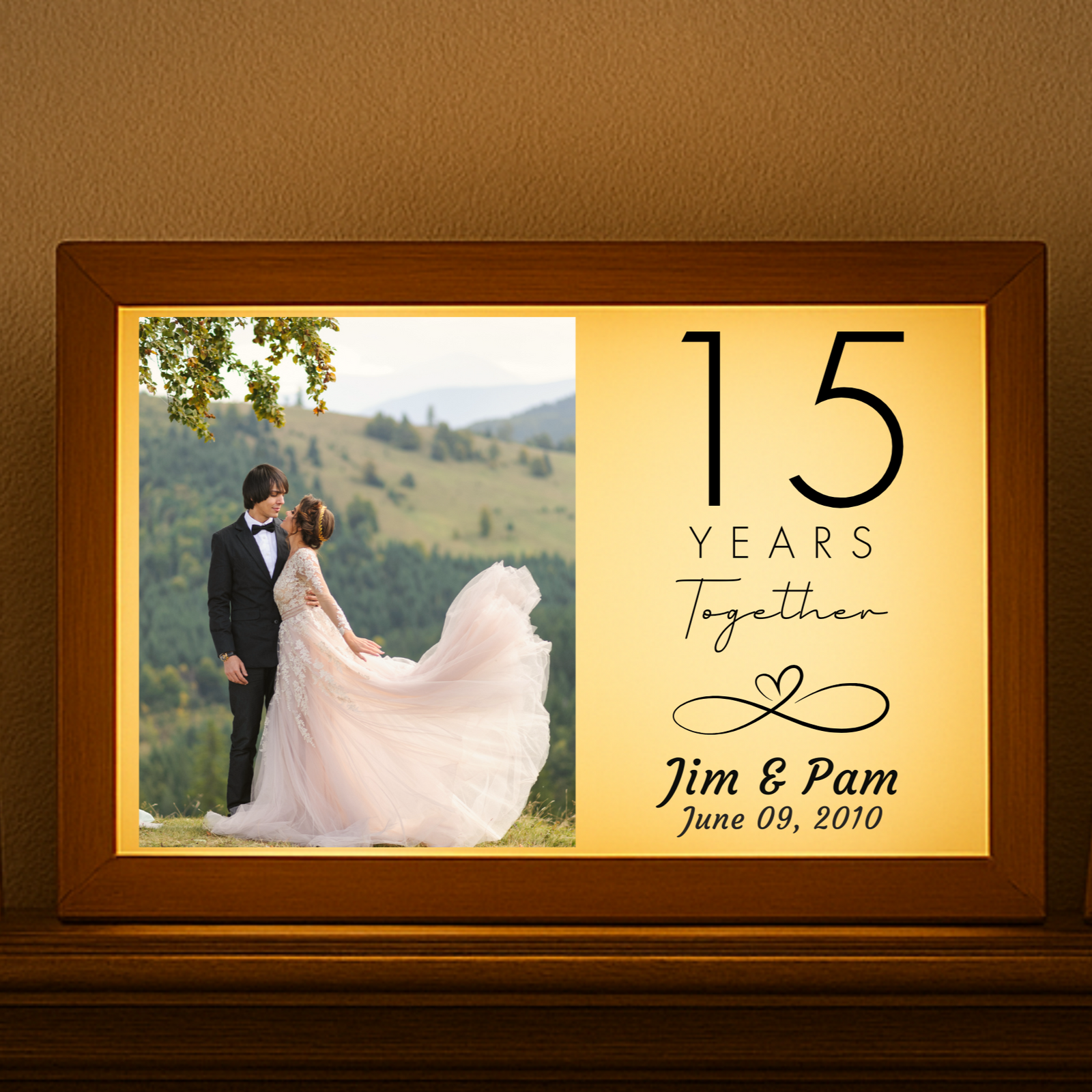 Personalized wedding anniversary photo frame with LED light, names, years together, and custom date