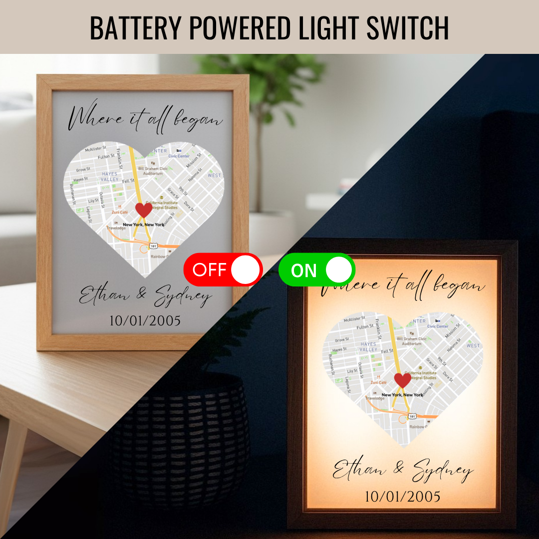 Personalized love map light frame shown in two states: unlit with natural wood frame on left, and illuminated with warm glow on right, both customized with sample names "Ethan & Sydney" and date "10/01/2005