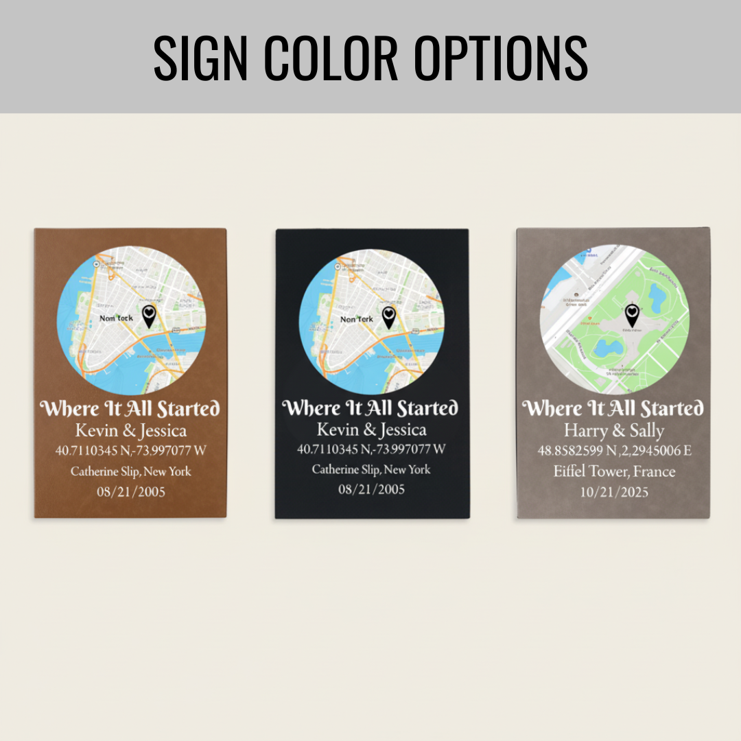 Grid displaying three sign color options: brown, black, and gray, each showing sample map location and customized text with couple names, coordinates, and dates