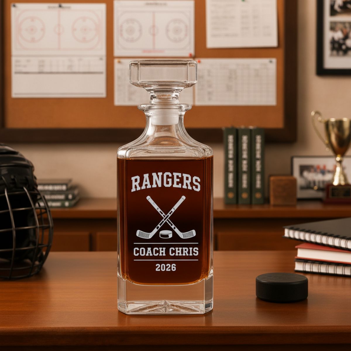 Personalized hockey coach whiskey decanter engraved with custom team name, coach name, and year.