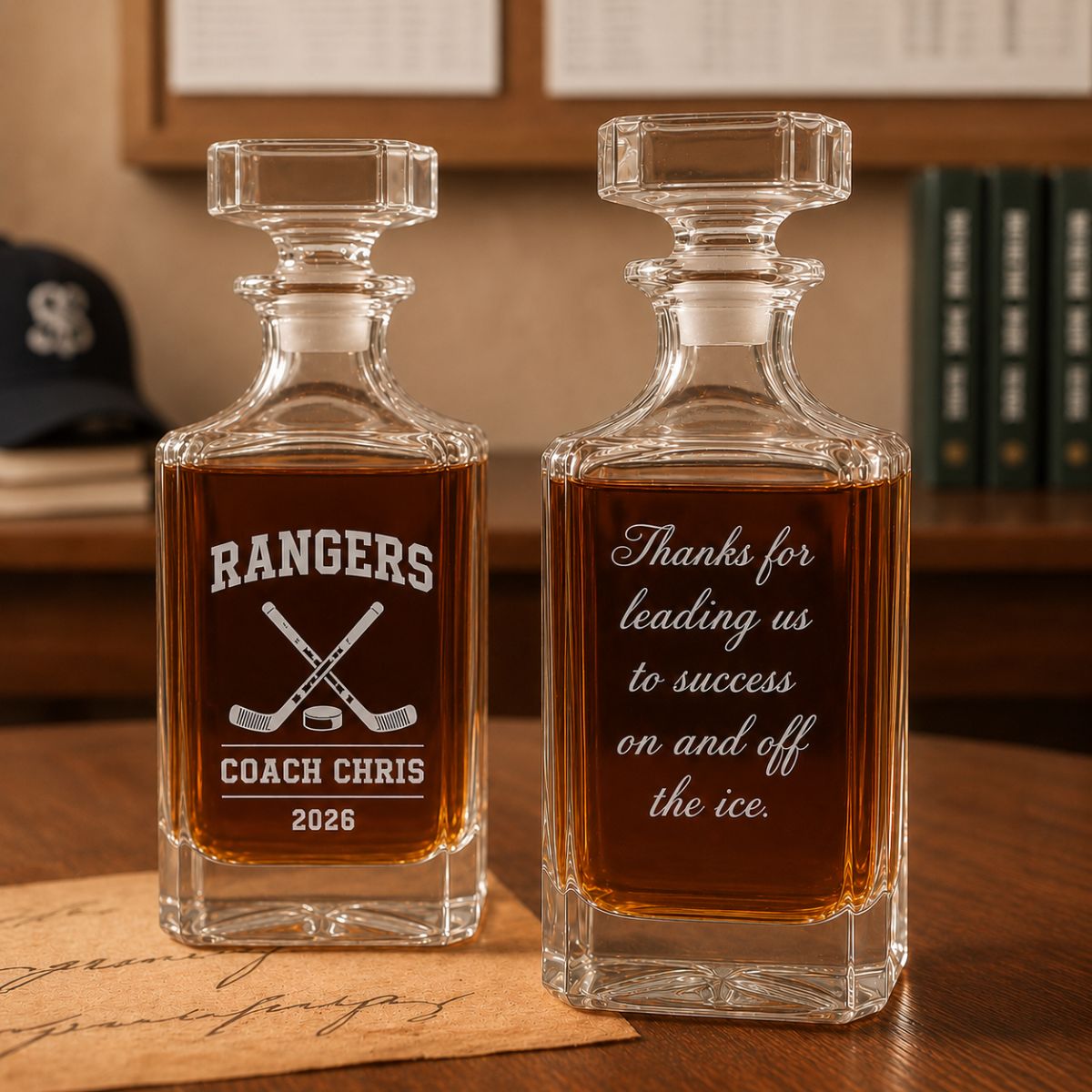 Personalized hockey coach whiskey decanter engraved with custom team name, coach name, and year.