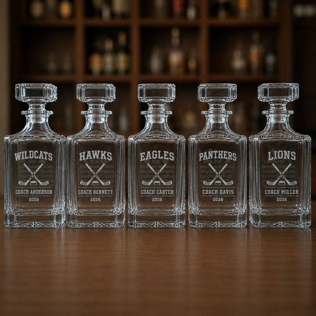 Personalized hockey coach whiskey decanter engraved with custom team name, coach name, and year.