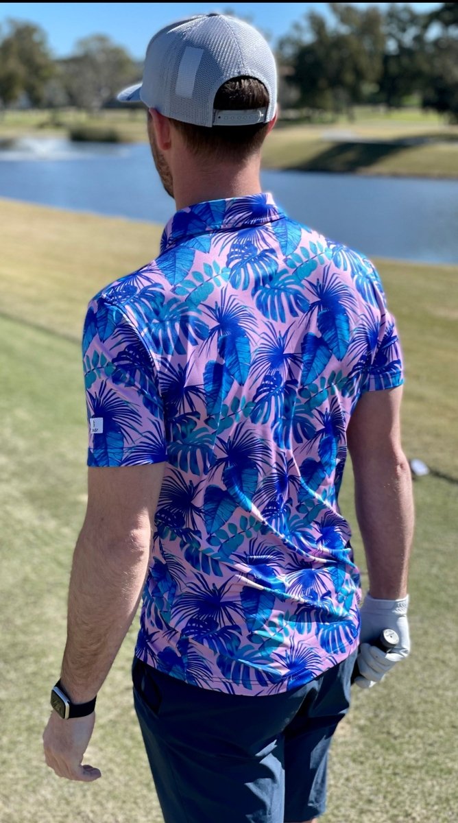 Unique Personalized Pink Palms Customized golf Polos Gifts for Men by Groovy Guy