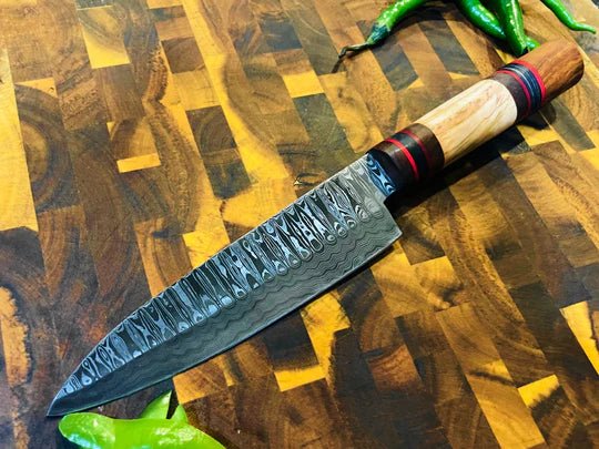 Unique Personalized 4 - Piece Damascus & Wood Grip Knife Set with Leather Carry Bag Customized Damascus Knife Gifts for Men by Groovy Guy