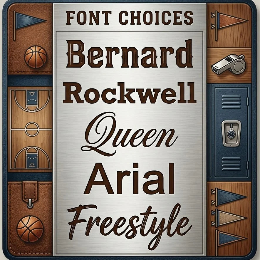 Font choice options grid displaying Bernard, Rockwell, Queen, Arial, and Freestyle styles for custom engraving on basketball