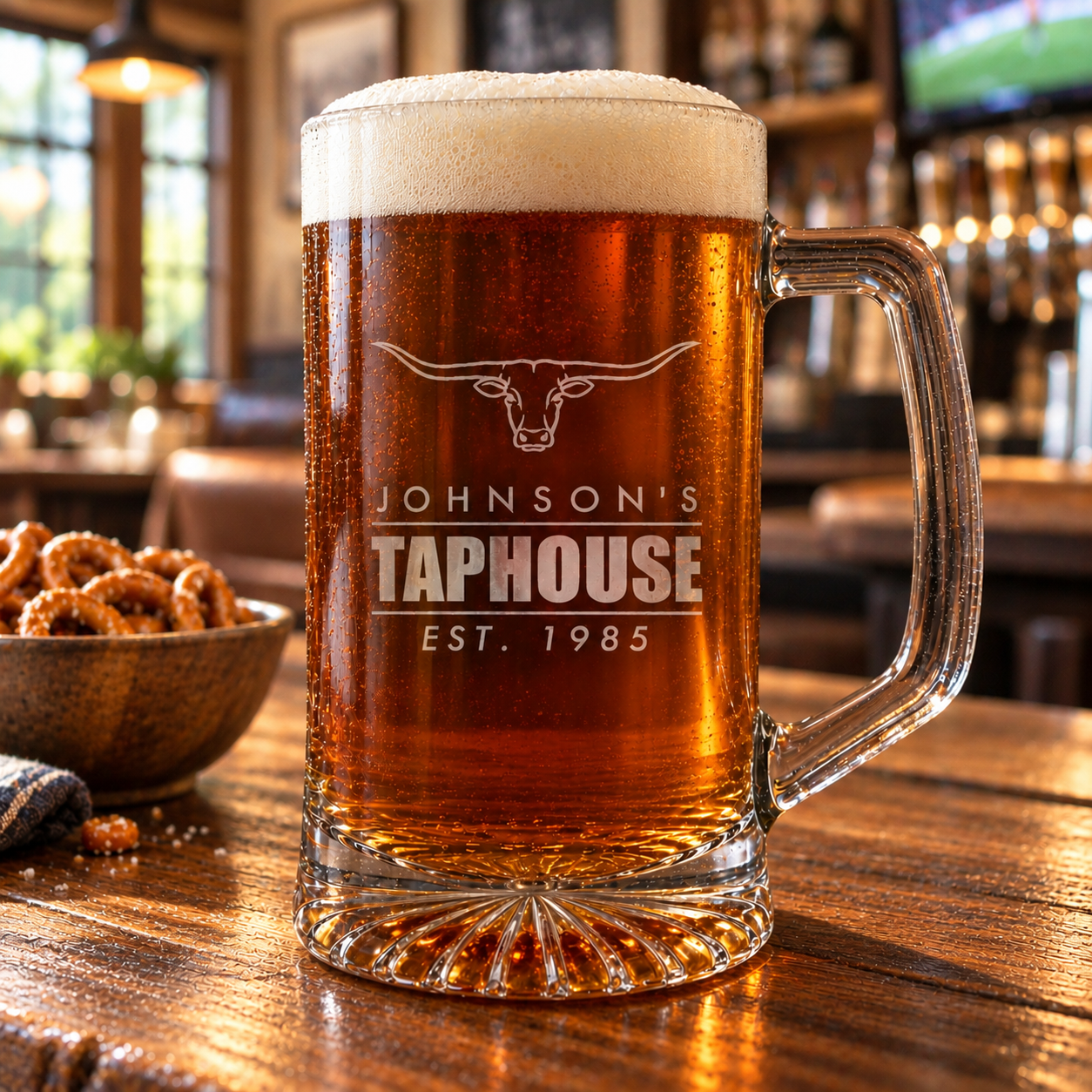 Personalized beer mug on a home bar, engraved with a Texas longhorn over Johnson's Taphouse and Est. 1985 like an old bar sign