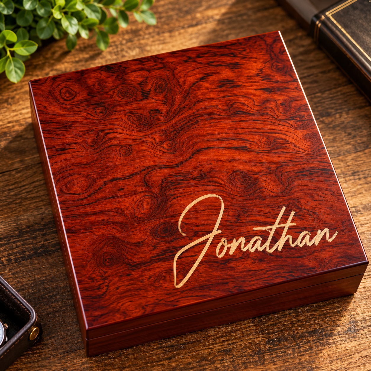 Red wood grain gift box with gold engraved name sample "Jonathan" on lid, positioned on leather surface with plant and accessories nearby