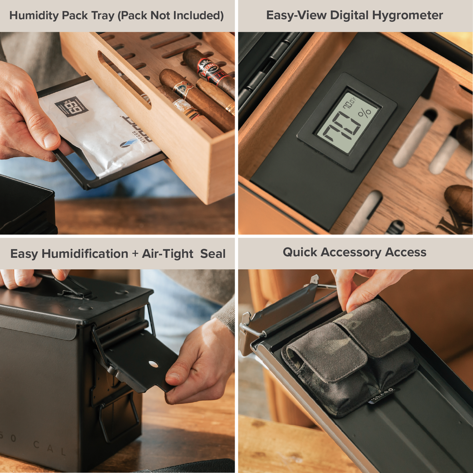 Black 50 Cal ammo can cigar humidor with Spanish cedar trays and digital hygrometer.