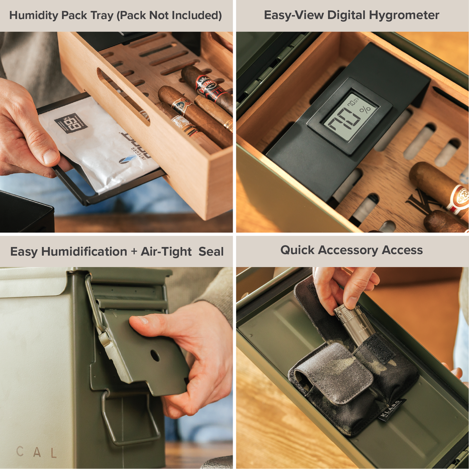 Green 50 Cal ammo can cigar humidor with Spanish cedar trays and digital hygrometer.