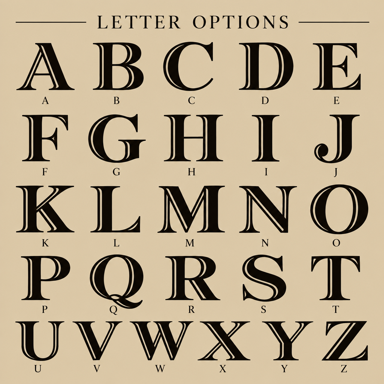 Reference chart showing all 26 letters A through Z in the engraving font used for the initial on the retirement decanter, box, and glass designs