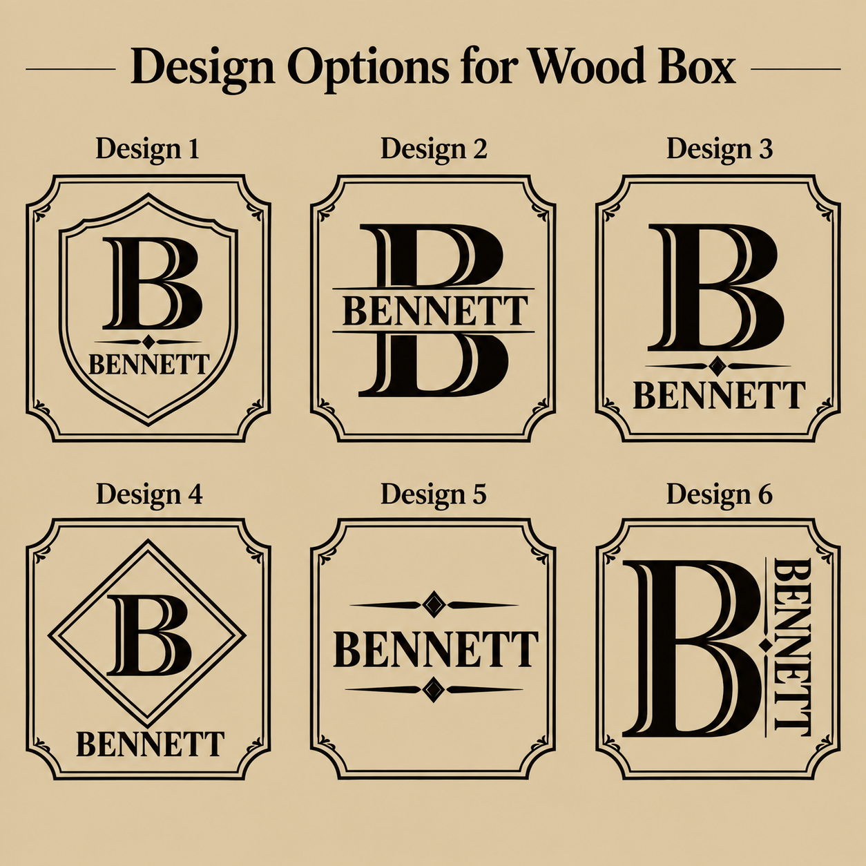 Chart of six wood box lid engraving designs: shield crest, split monogram banner, classic monogram, diamond frame, minimal wordmark, and vertical side name, sample name Bennett