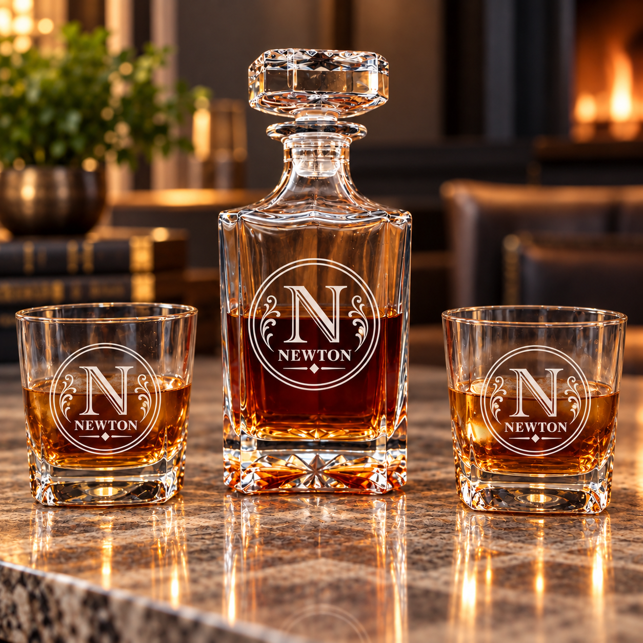 Personalized whiskey decanter and two matching glasses engraved with the Circle Crest design, showing the initial N and the name Newton