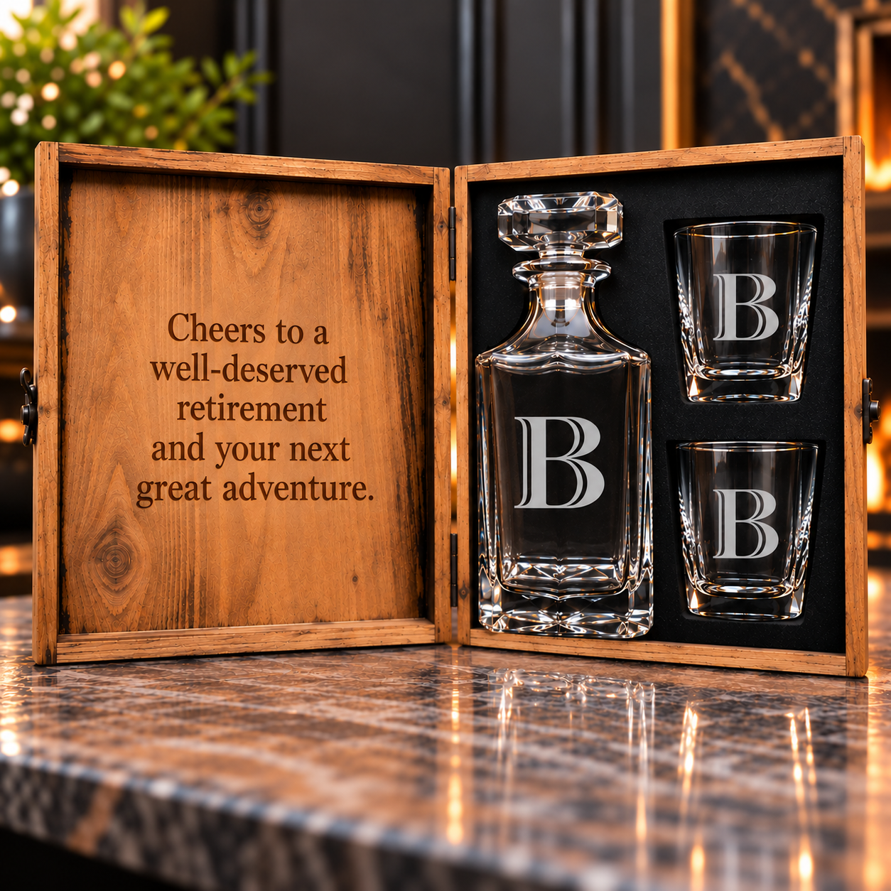 Two-piece wooden box set with engraved retirement message on lid, crystal decanter and two rocks glasses with monogrammed letter B