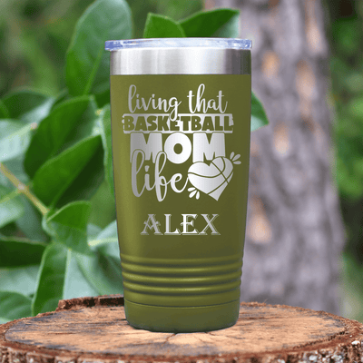 Military Green Basketball Tumbler With Life As A Hoops Mom Design