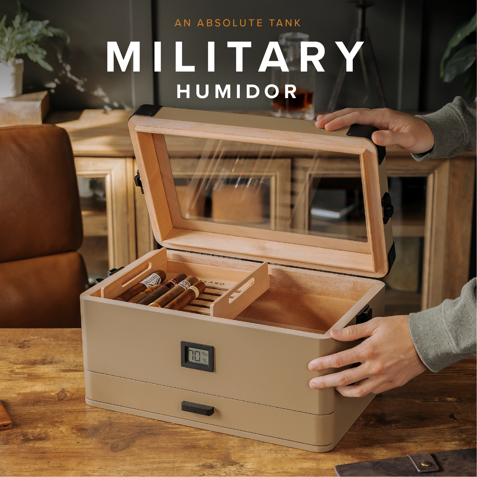 Coyote tan military cigar humidor with Spanish cedar lining, black corner guards, and storage drawer.