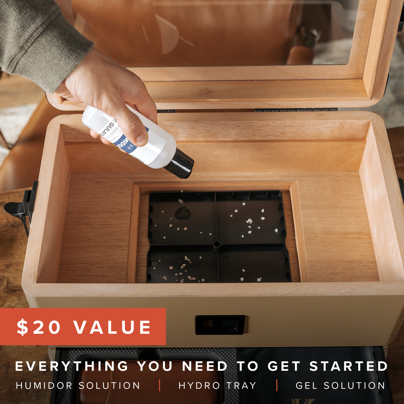 Coyote tan military cigar humidor with Spanish cedar lining, black corner guards, and storage drawer.