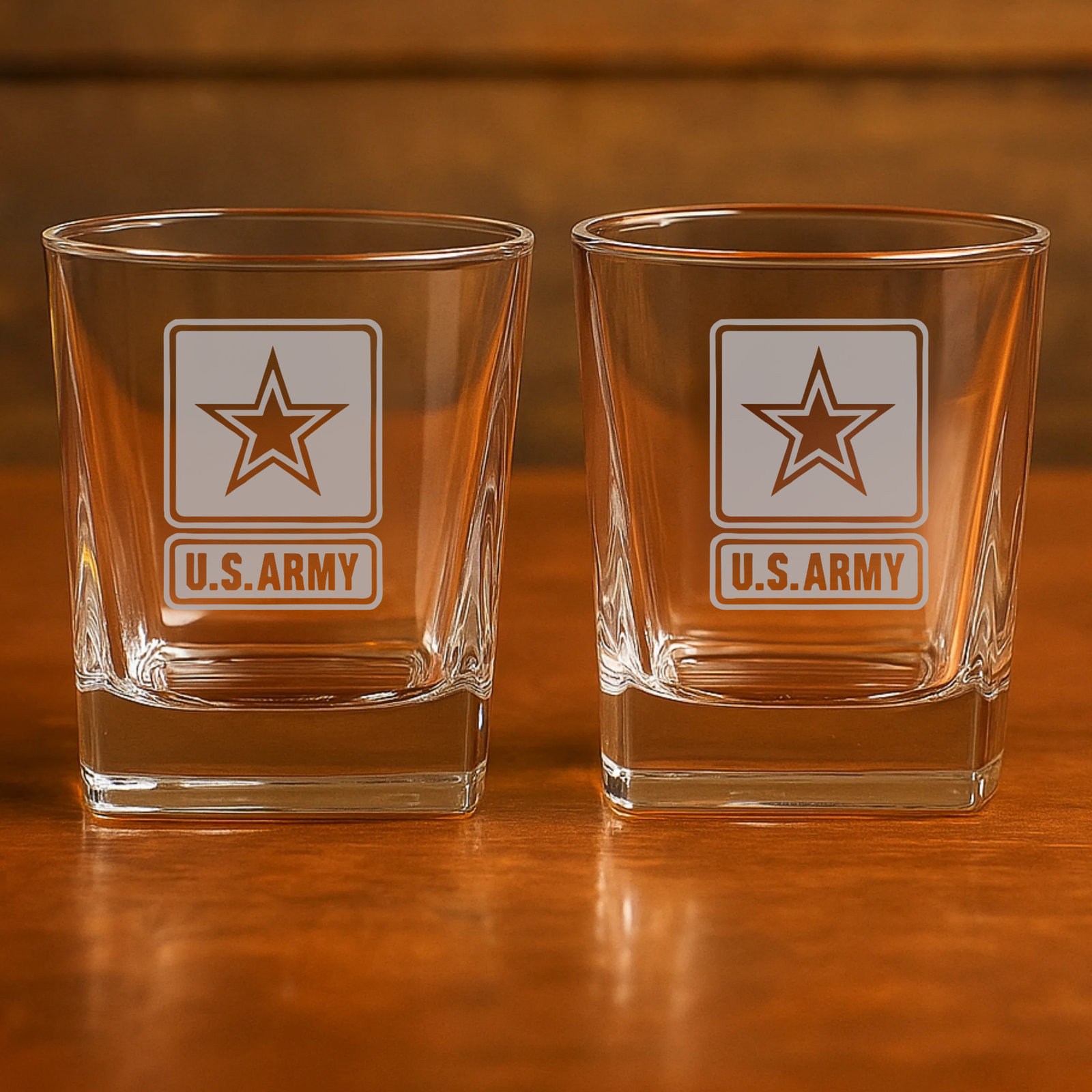 Pair of rocks glasses engraved with U.S. Army star insignia and text, displayed on wooden surface