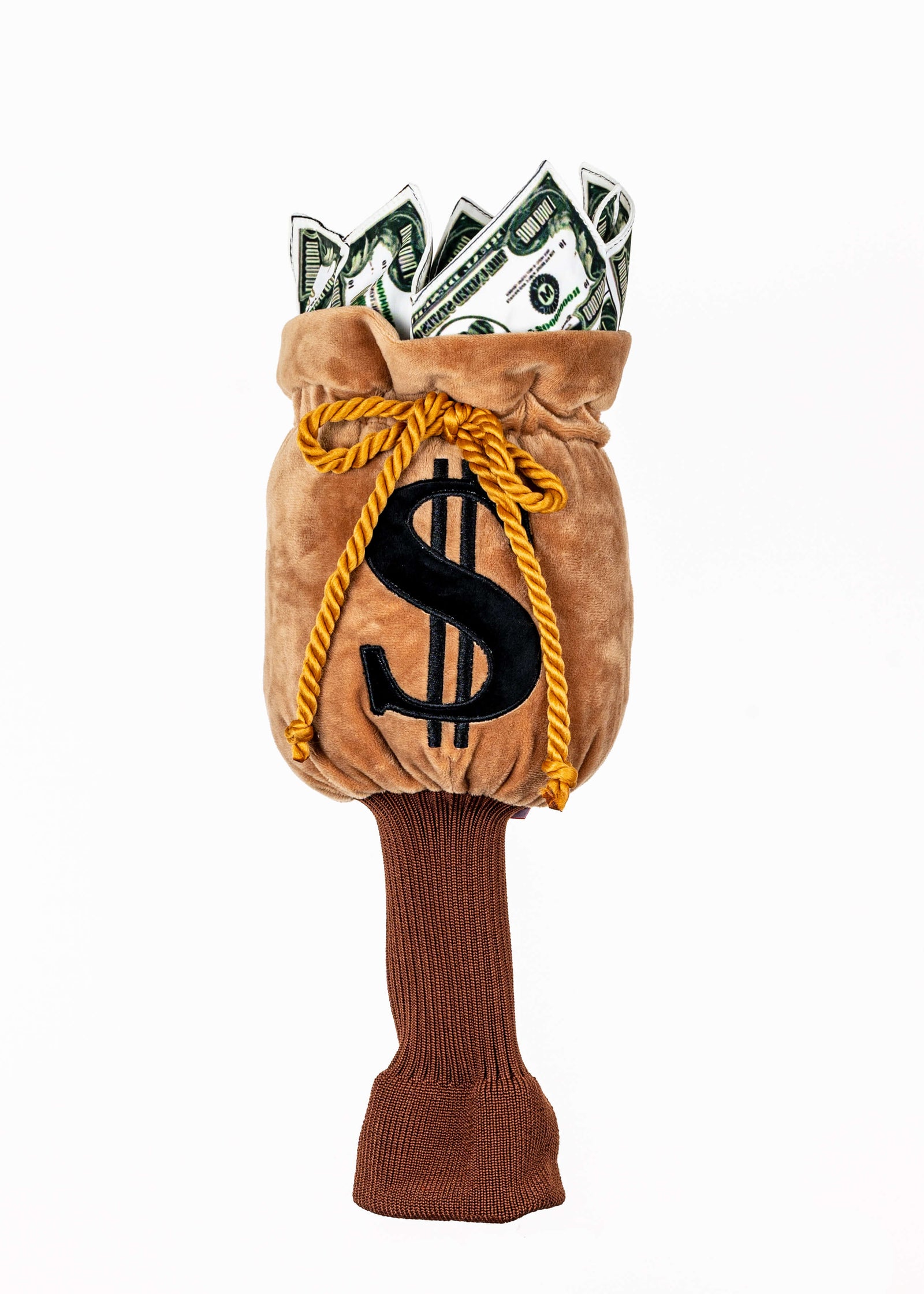 Money bag plush golf headcover for drivers up to 460cc, photographed on a plain background