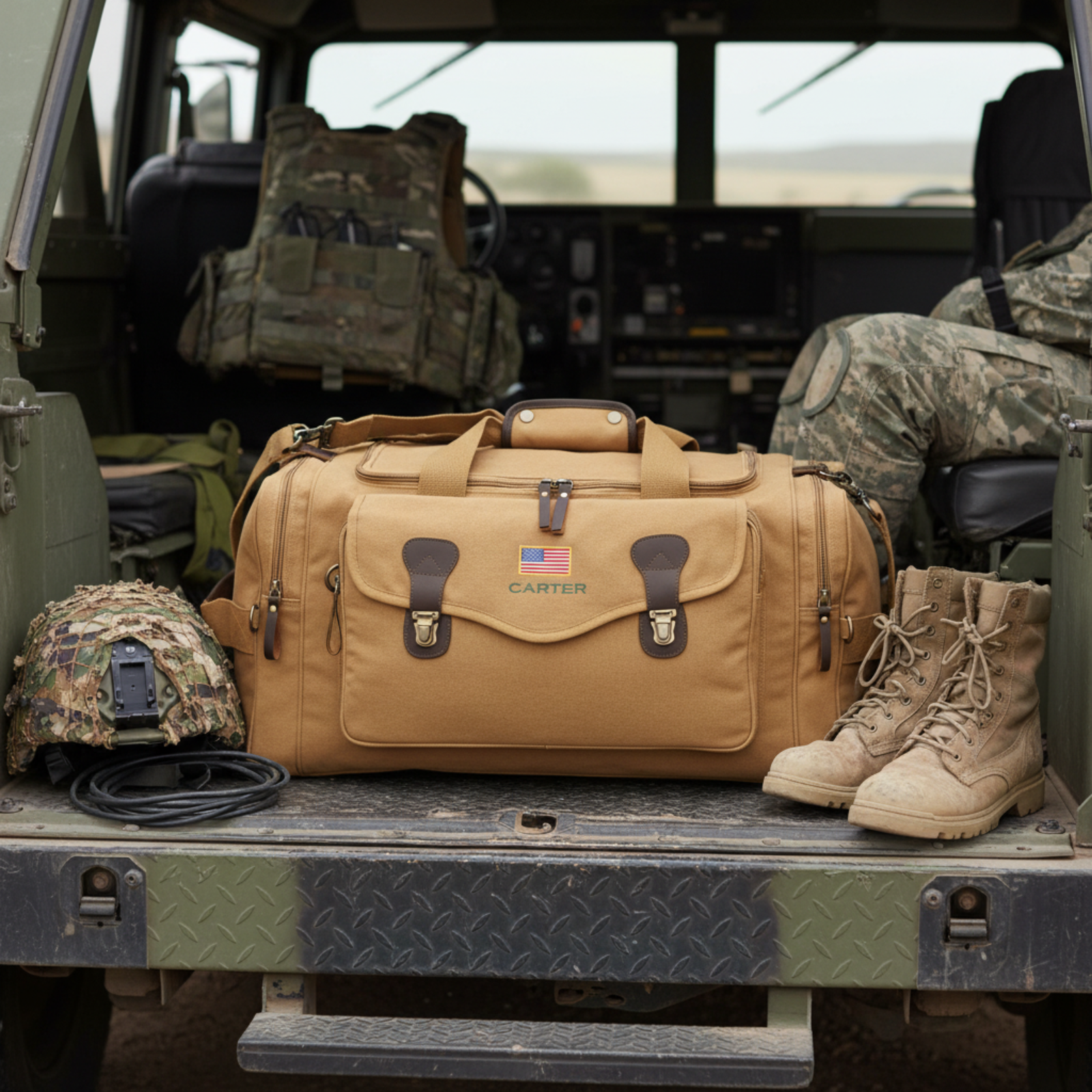 Tan canvas duffle bag with leather handles and American flag patch, personalized with sample name "CARTER", displayed in military truck bed surrounded by tactical gear and boots
