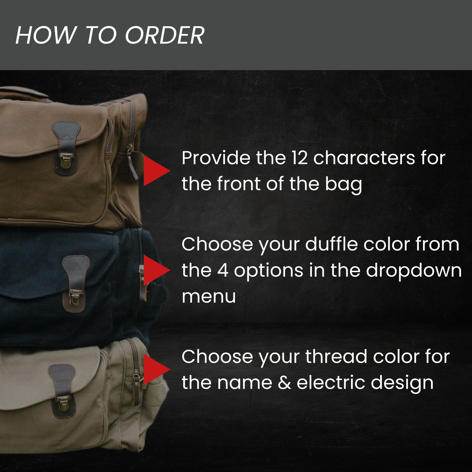 How to order the personalized electrician duffle bag: enter 12 characters, choose from four bag colors, then pick a thread color for the name and electric design.