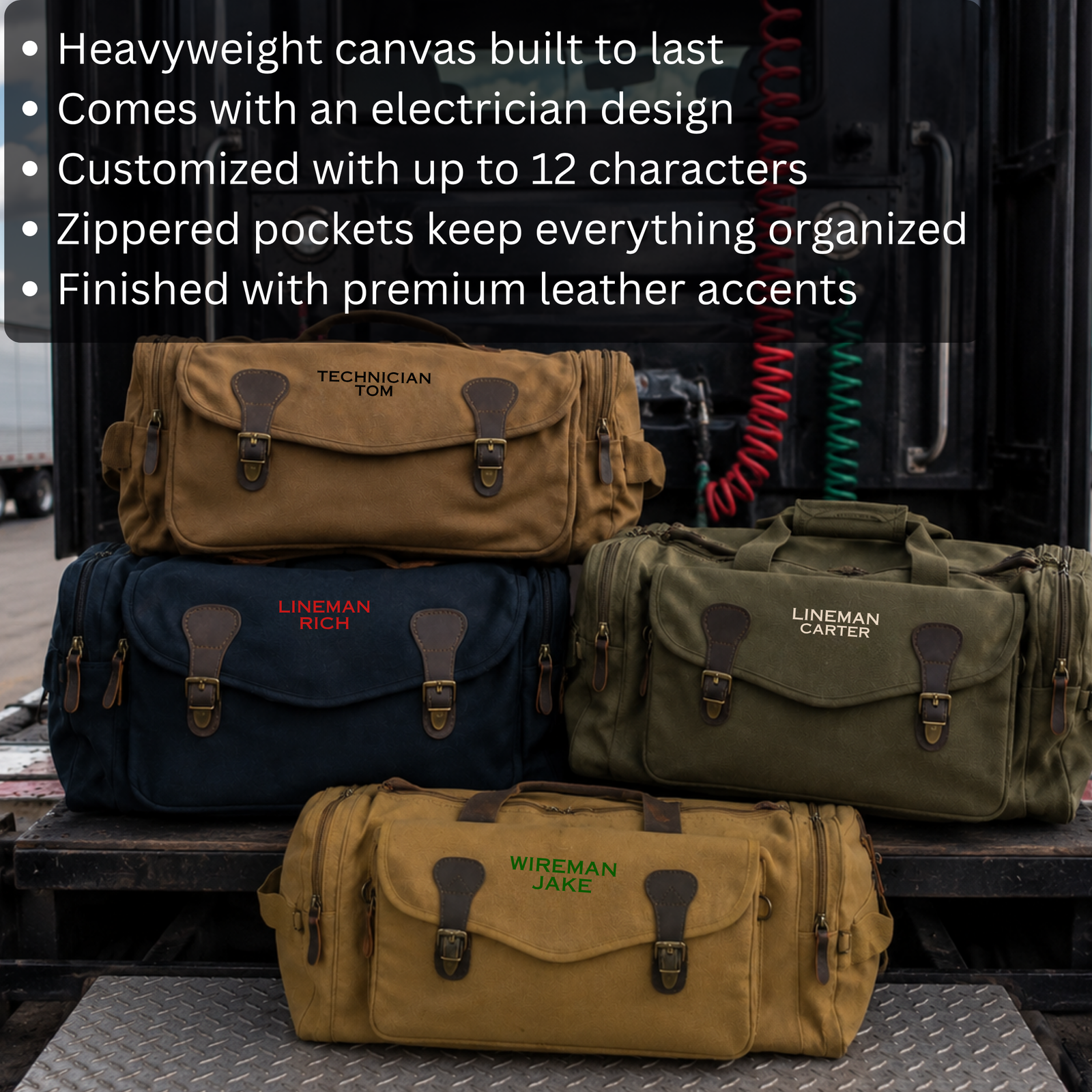 Four personalized lineman duffle bags in tan, navy, olive and khaki, each embroidered with a name and job title for power linemen.