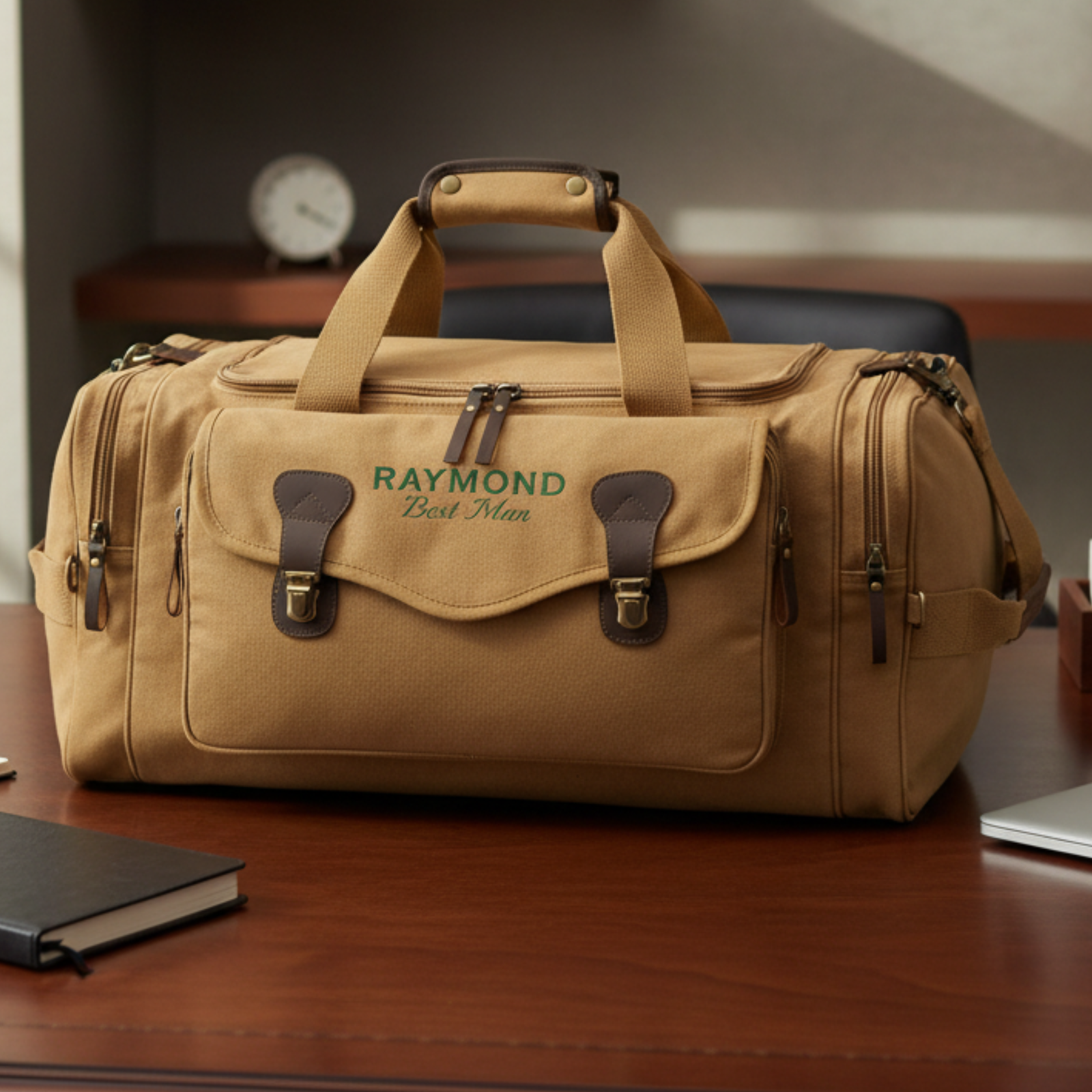 Tan canvas duffle bag with brown leather accents and handles, personalized with sample text "RAYMOND Best Man" in teal lettering, displayed on wooden desk with notebook and clock in background