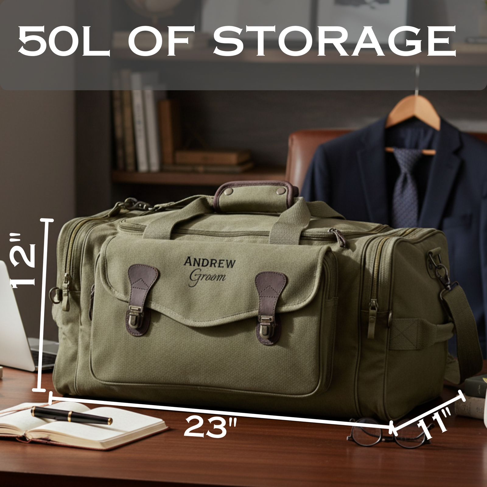 Khaki canvas duffel bag with brown leather handles, personalized with sample engraving "ANDREW Groom", displayed on desk showing 50-liter capacity and 23" × 12" × 11" dimensions