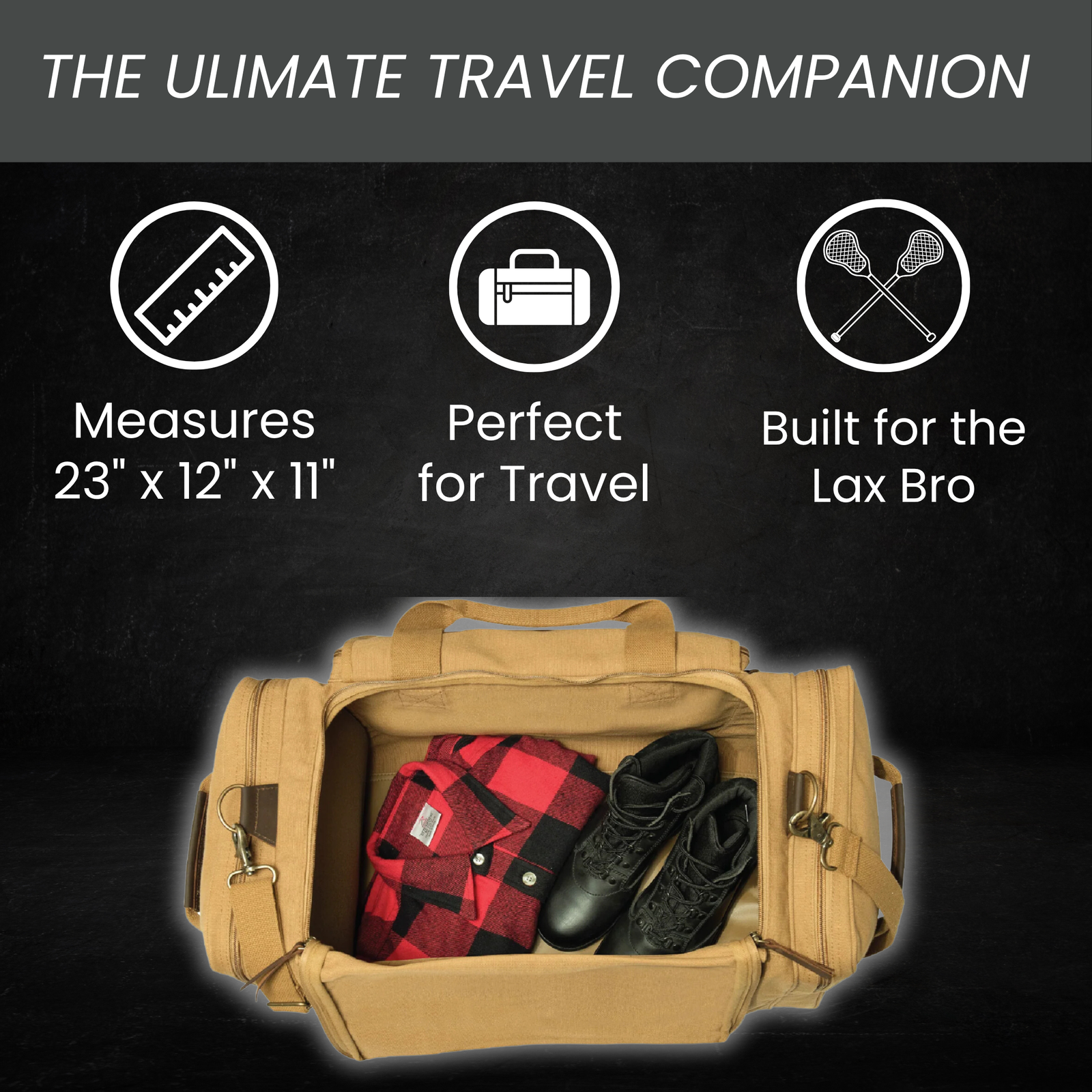 Tan canvas duffle bag open displaying interior storage with red plaid shirt and black lace-up boots, showing dimensions 23" x 12" x 11" and capacity for travel gear