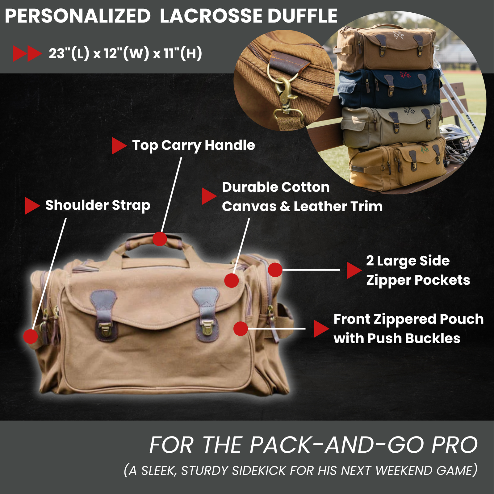 Tan canvas lacrosse duffle bag with leather trim shown from front angle with labeled features including top carry handle, shoulder strap, side zipper pockets, and front zippered pouch with push buckles; color options displayed in circular inset showing tan, navy, and cream variants