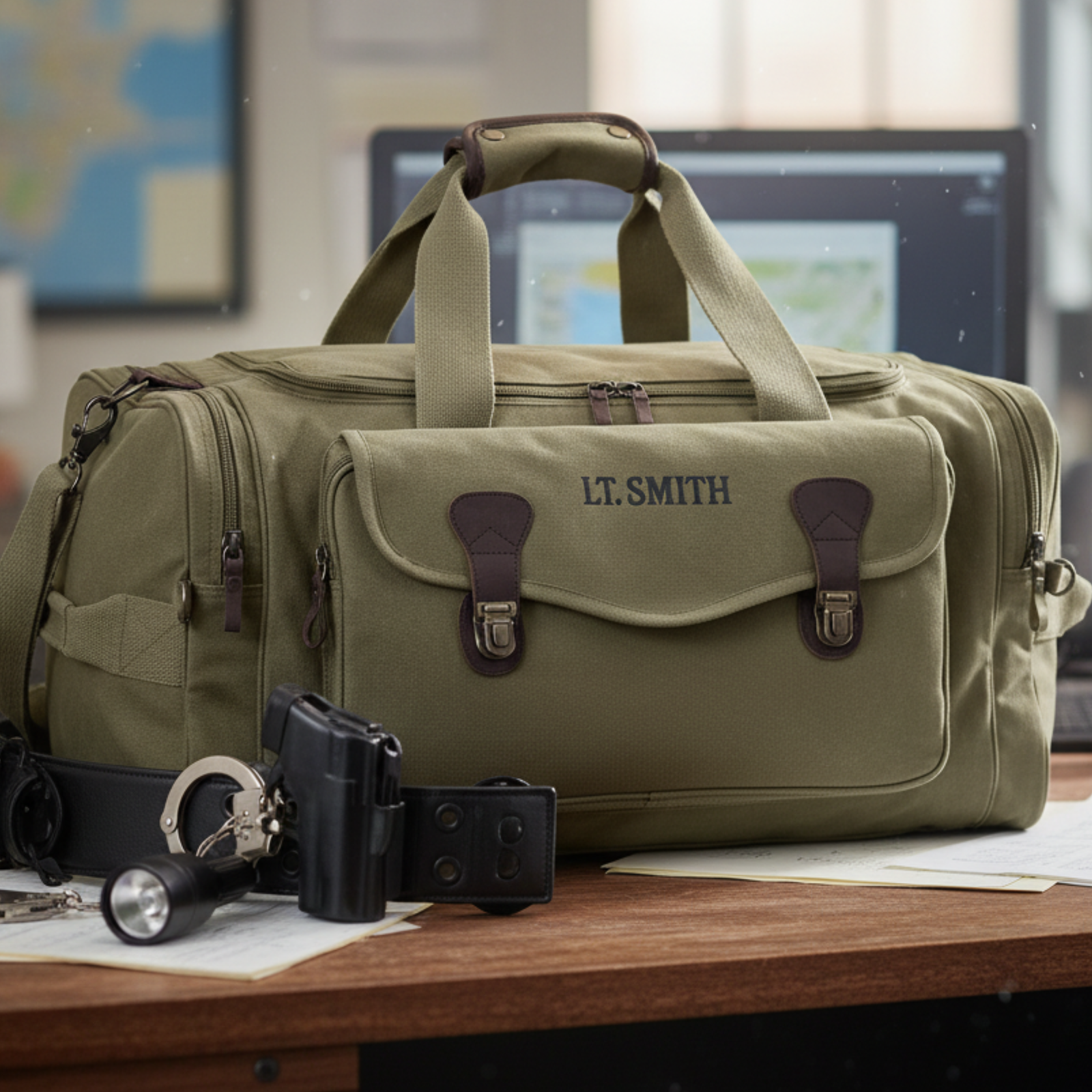 Tan canvas duffle bag with brown leather accents, embroidered with sample name "LT. SMITH", displayed on desk with tactical gear and accessories