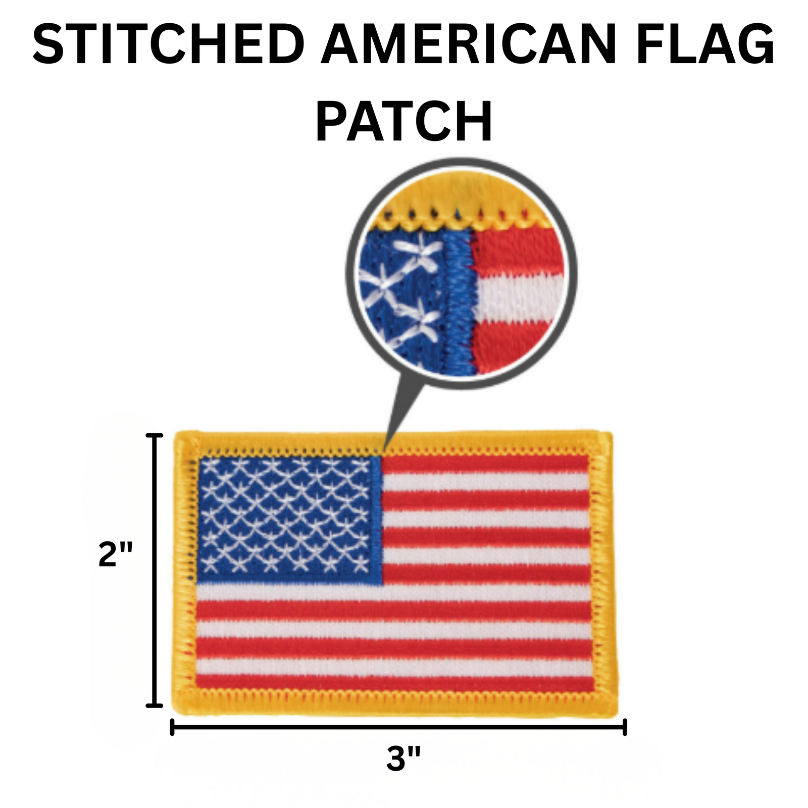 Embroidered American flag patch with gold border, measuring 3 inches wide by 2 inches tall, shown with detail magnification of stitching and design