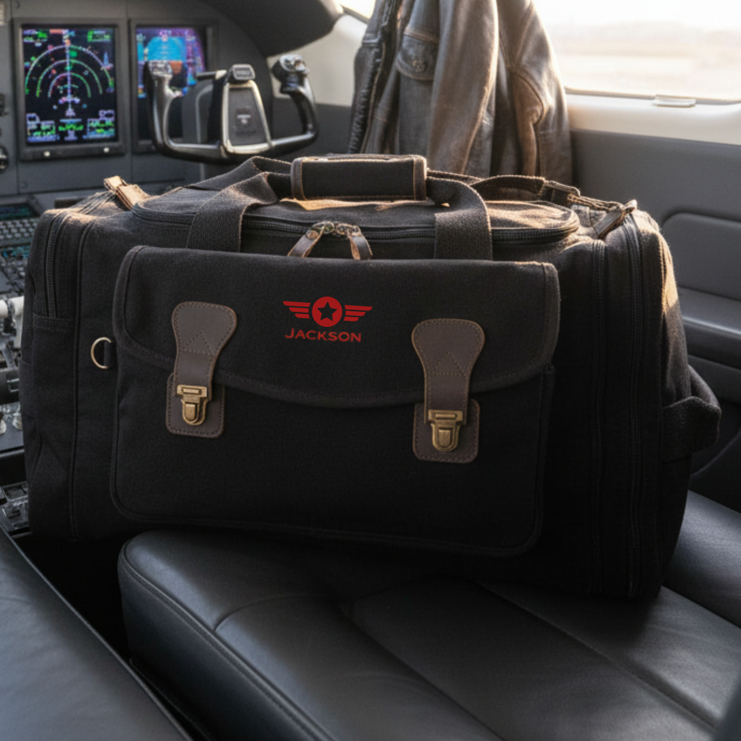 Black canvas duffle bag with brown leather handles and brass hardware, personalized with red embroidered sample name "JACKSON" and winged star pilot insignia, displayed on aircraft seat