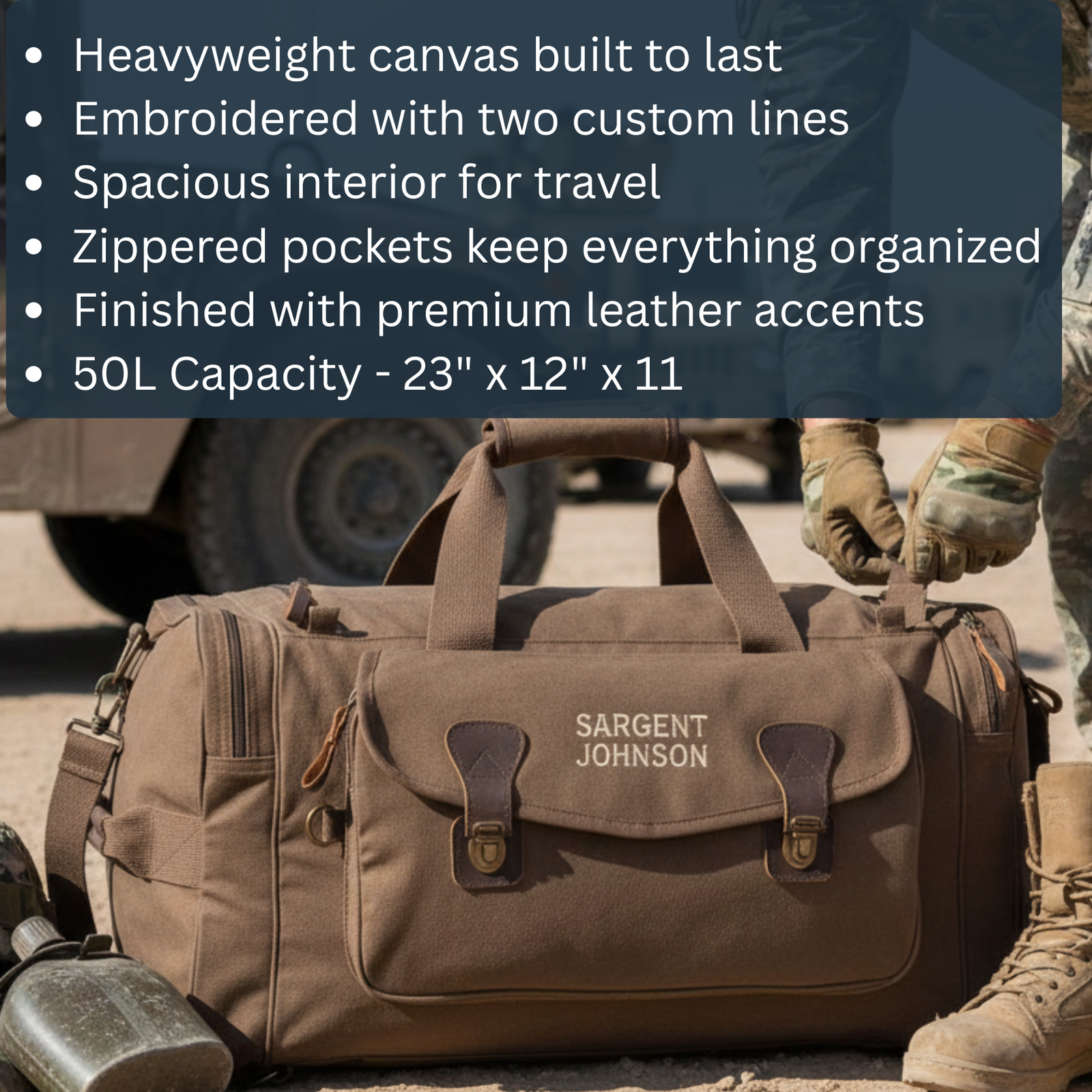 Tan canvas duffel bag embroidered with sample text "SARGENT JOHNSON" on front flap, leather handles and trim, shown in tactical lifestyle setting
