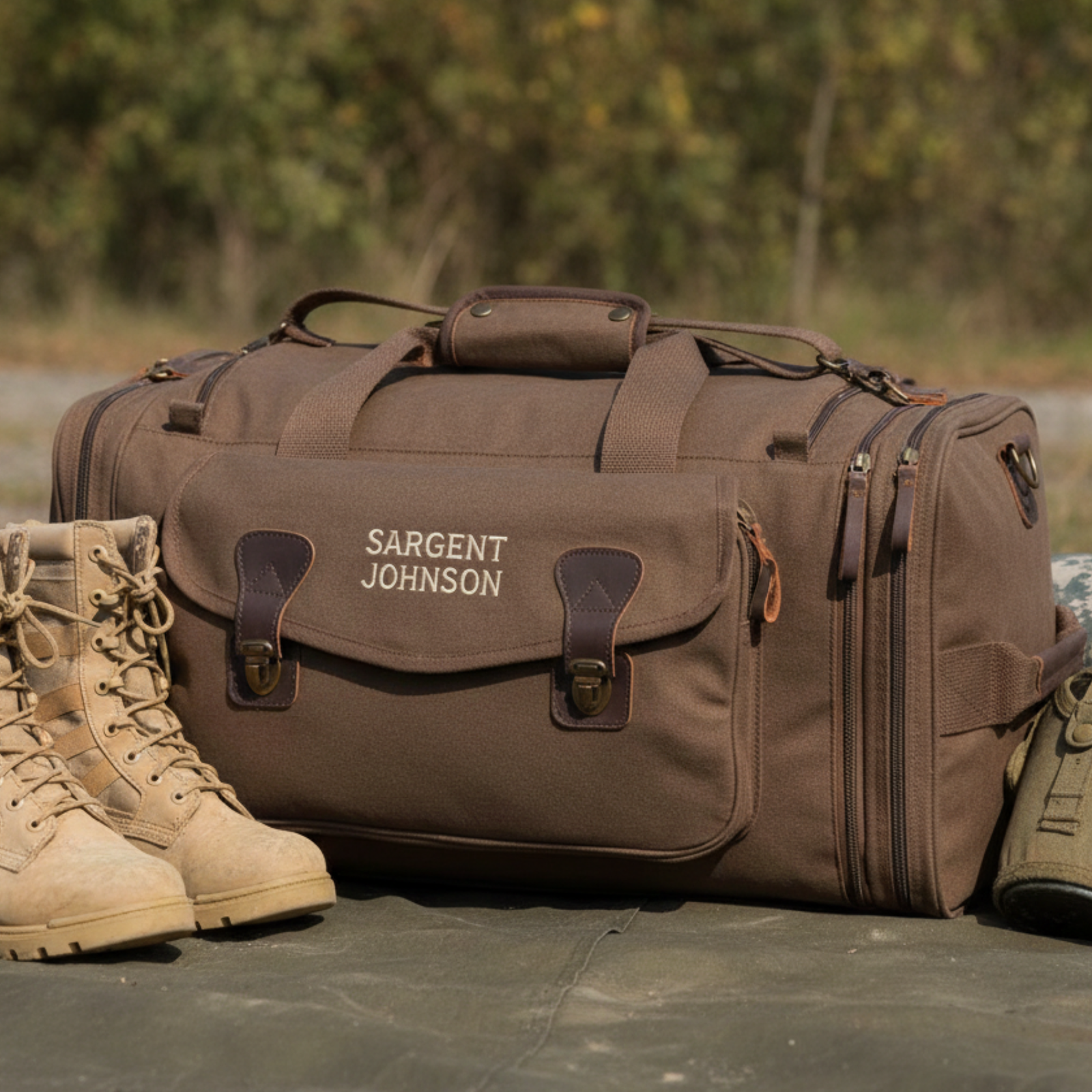 Brown canvas duffel bag with leather accents, personalized with sample engraving "SARGENT JOHNSON" on front flap, styled with tactical boots and gear outdoors