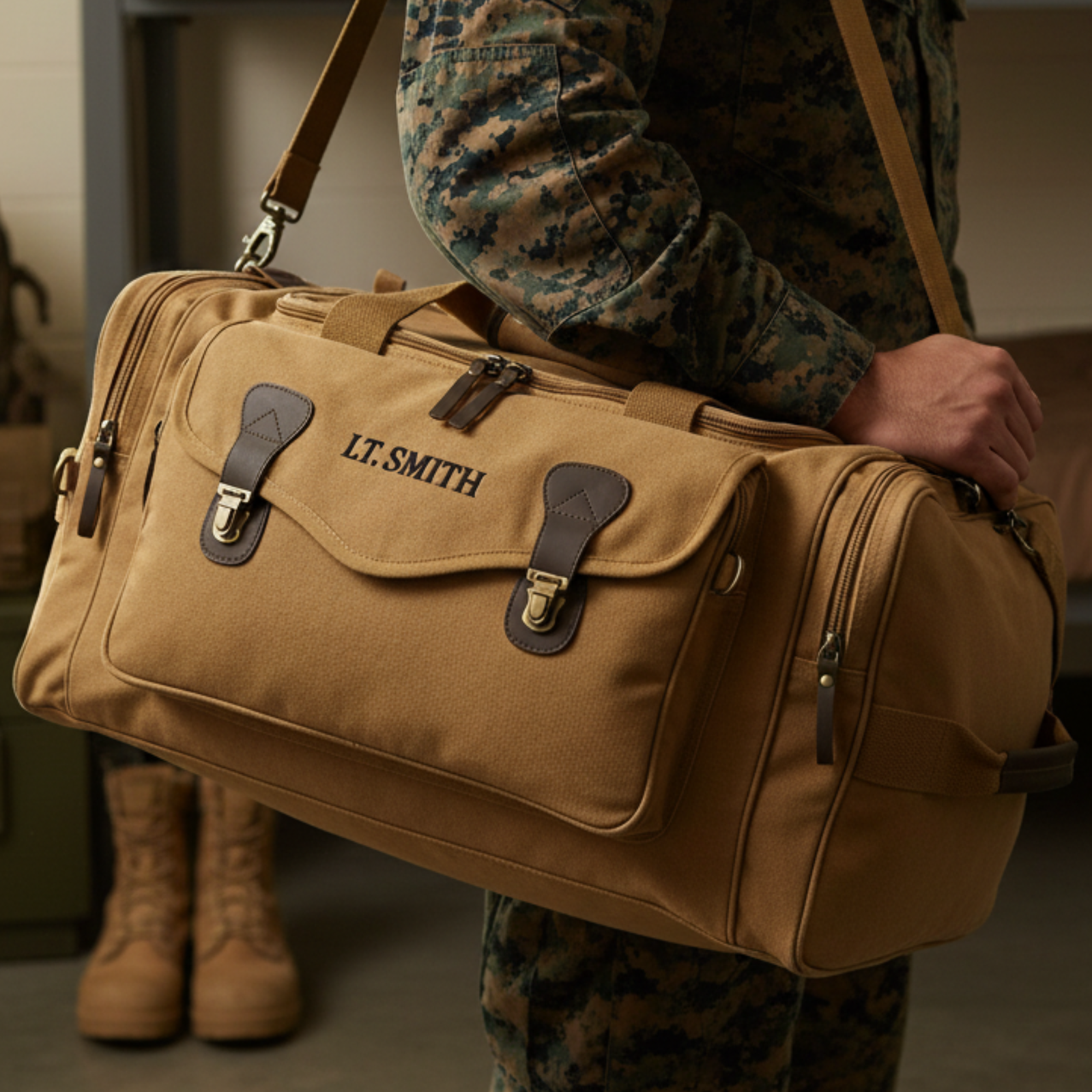 Tan canvas duffel bag with leather straps and handles, personalized with sample text "LT.SMITH" embroidered on front flap, worn over shoulder by person in military uniform