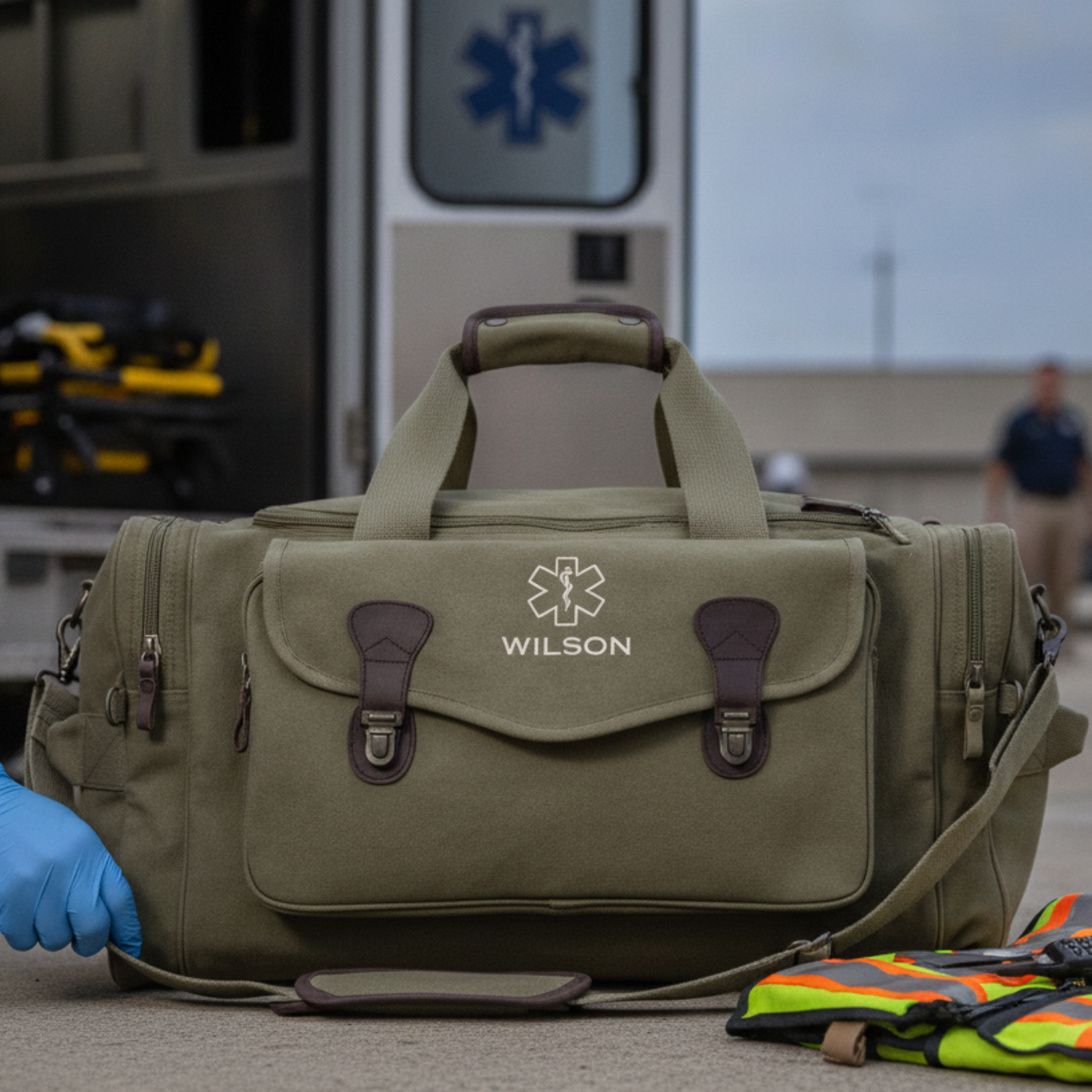 Tan canvas paramedic duffle bag personalized with WILSON and a Star of Life emblem, shown on pavement beside emergency response equipment.