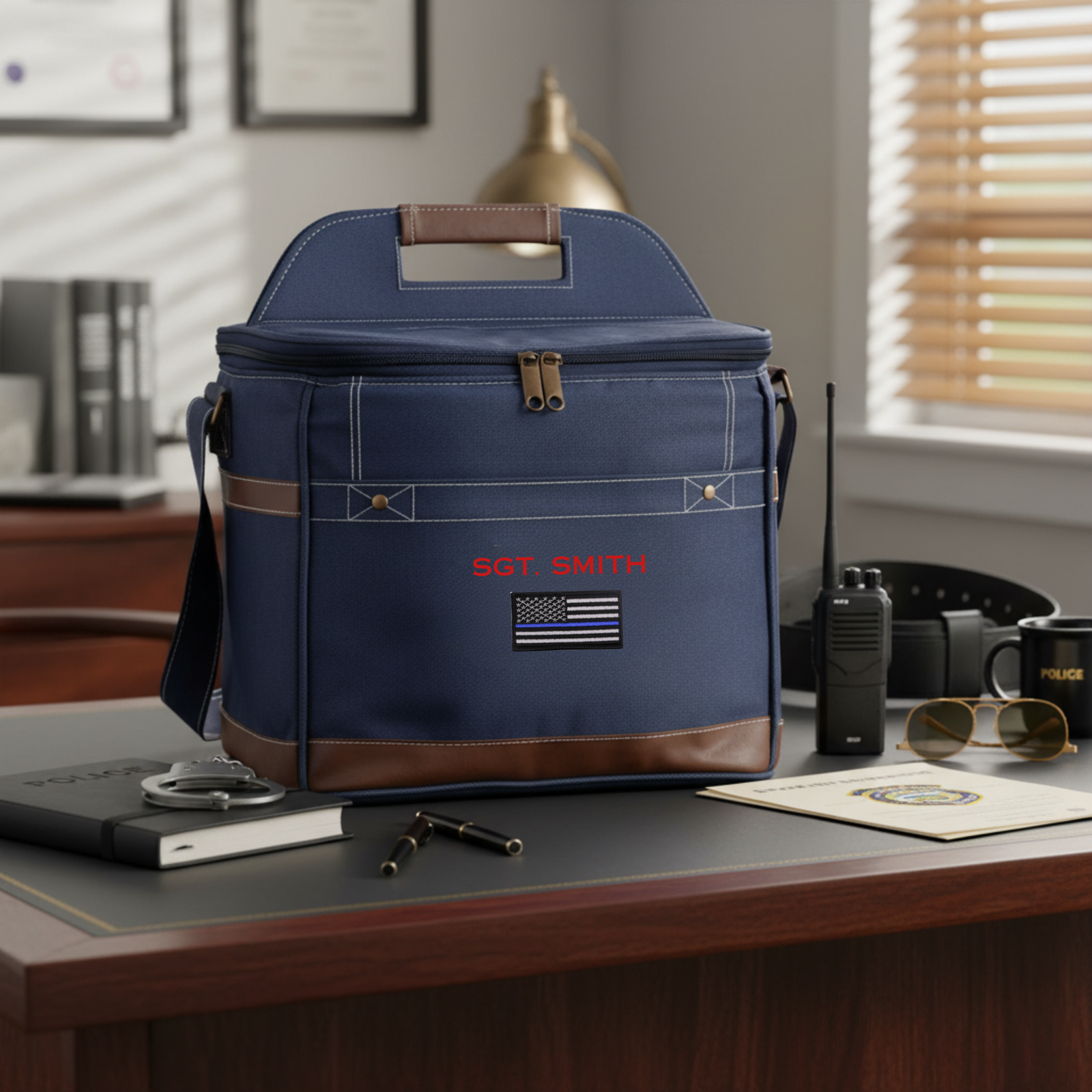 Navy and brown duffle cooler with sample personalization reading "SGT. SMITH" and thin blue line flag patch displayed on office desk.