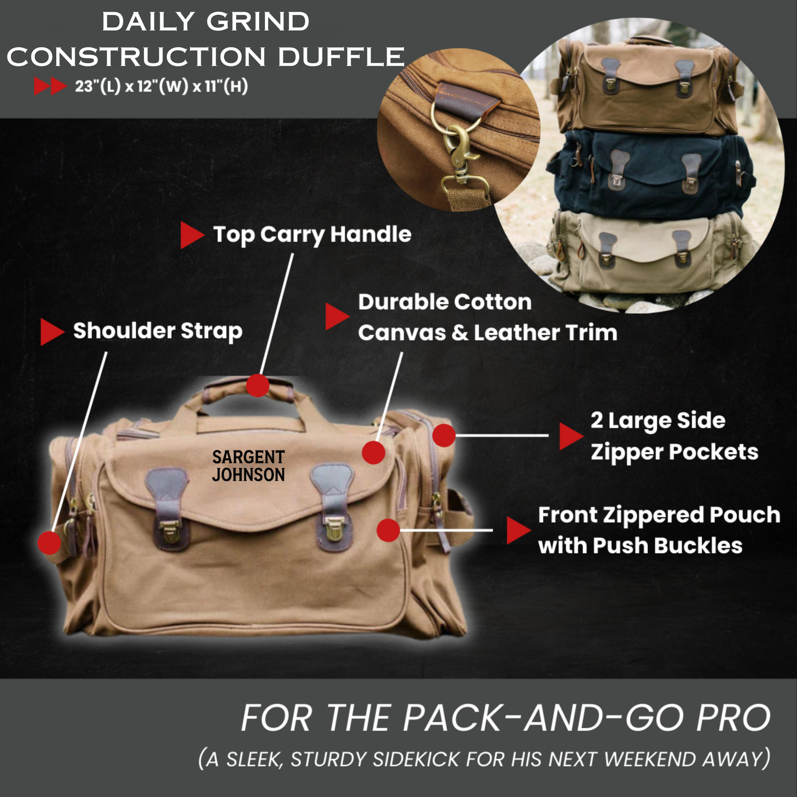 Tan canvas duffle bag with leather trim, personalized with sample name "SARGENT JOHNSON," featuring top carry handle, shoulder strap, side pockets, and front pouch with push buckles; color variants shown in circular inset