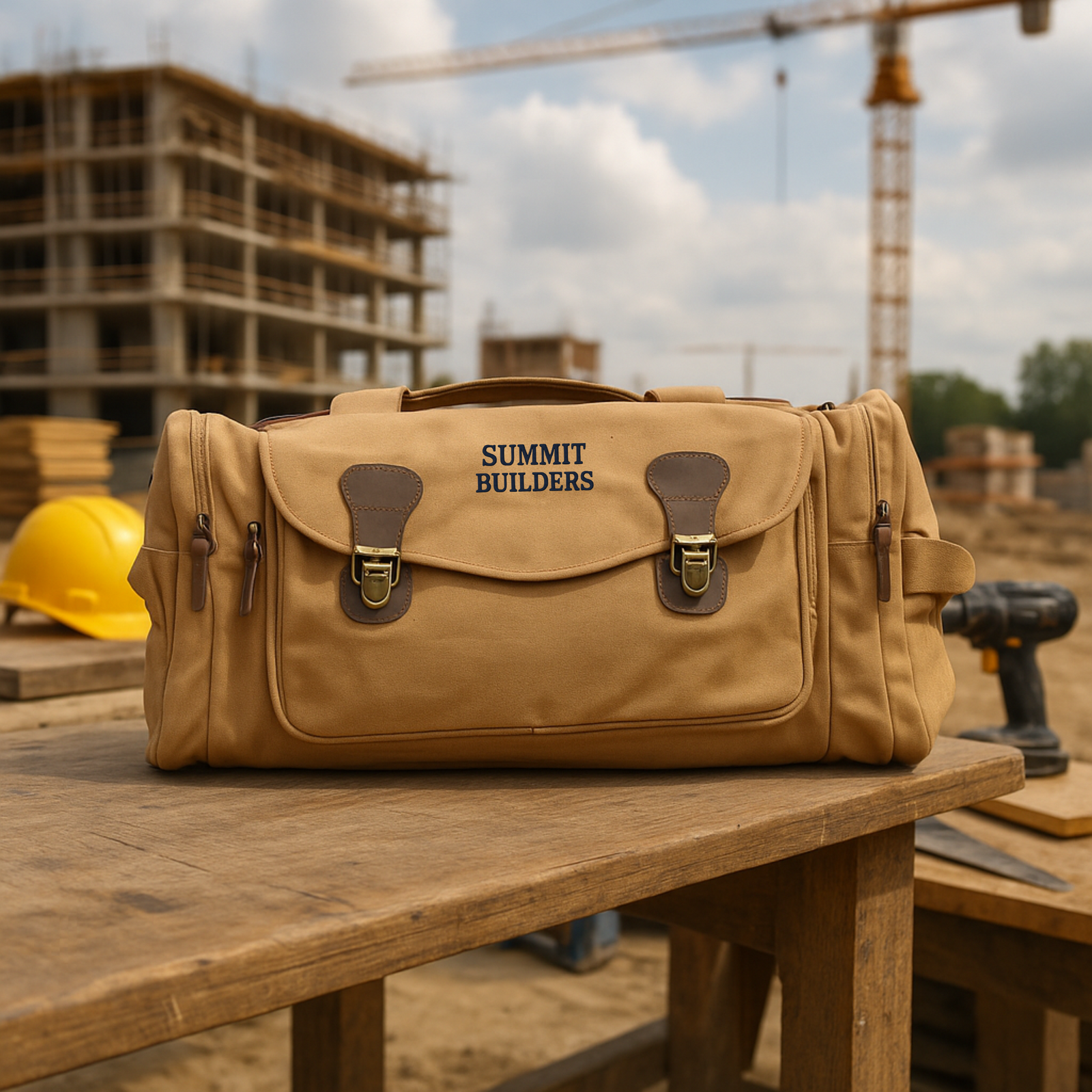 Tan canvas duffle bag personalized with "SUMMIT BUILDERS" text, displayed on wooden workbench at construction site with crane and building frame visible