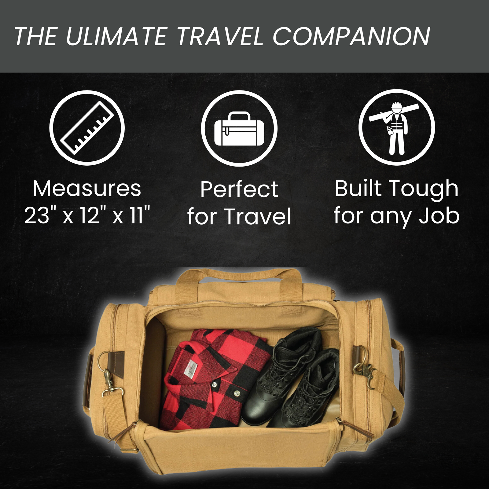Tan canvas duffle bag opened to display interior storage capacity with red plaid shirt and black boots, featuring dimensions 23" x 12" x 11