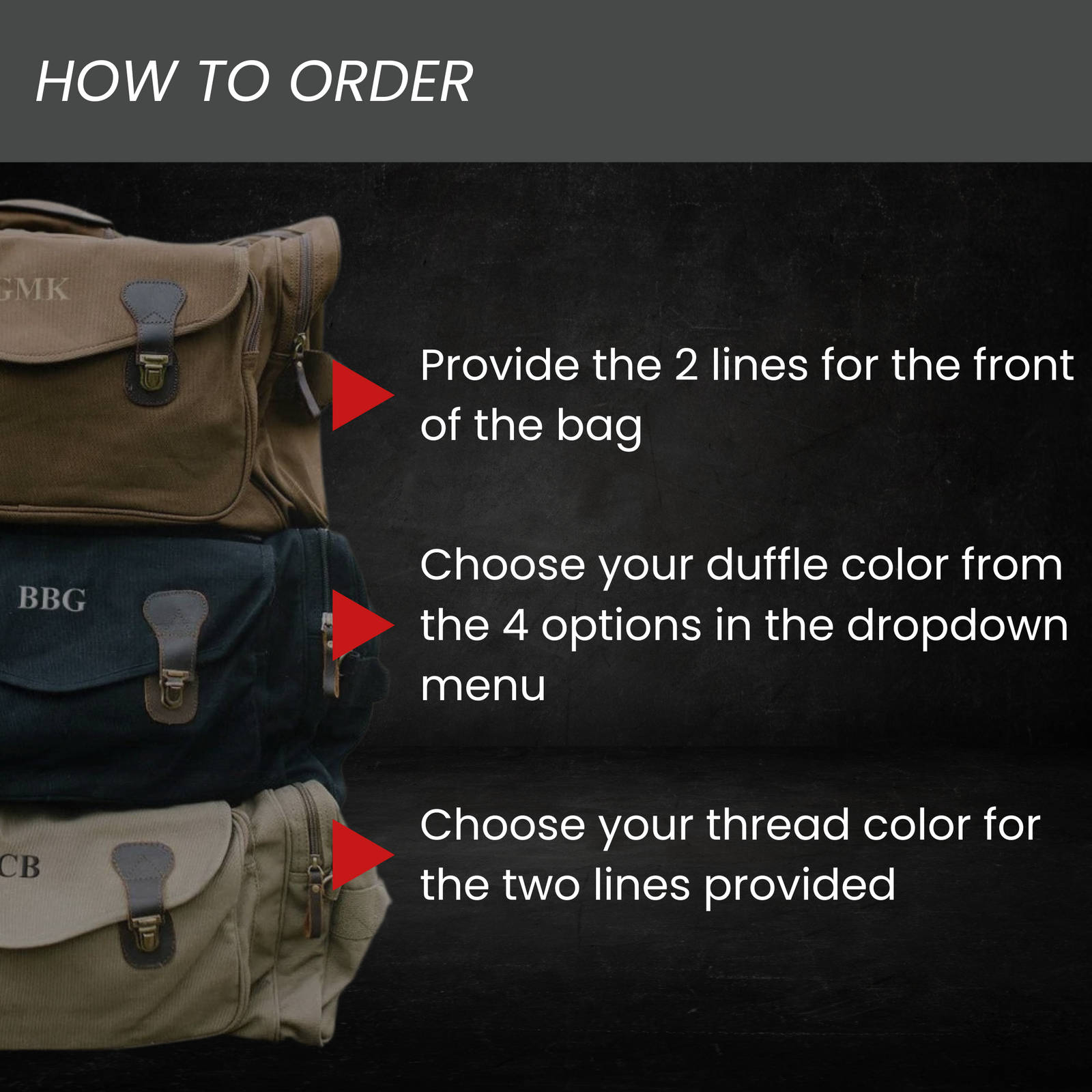Three canvas duffle bags in tan, navy, and cream showing monogrammed examples with initials GMK, BBG, and CB on front flaps