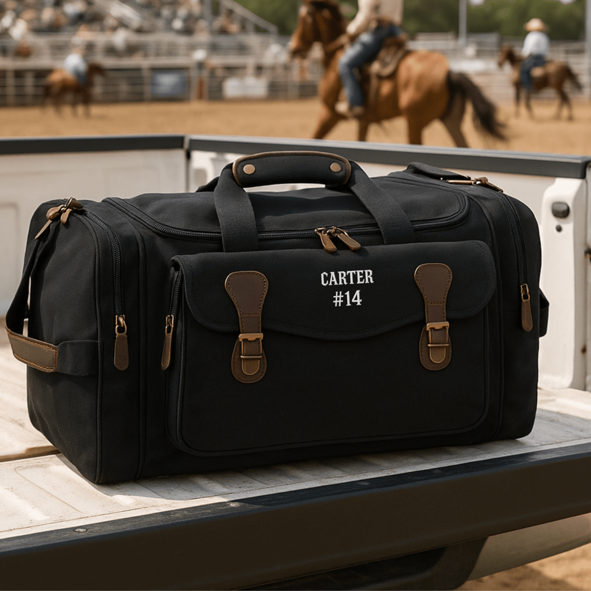 Personalized Rugged Rodeo Duffle Bag with custom embroidery for cowboys