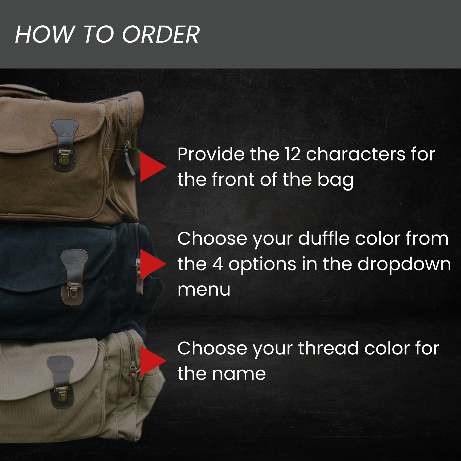 Three canvas duffle bags in tan, navy, and tan displayed showing customization options for front text, bag color selection, and embroidery thread color